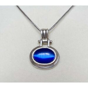 Sterling Silver 925 Chain w/ Cat's Eye Like Blue Stone Oval Pendant